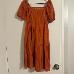Burnt orange puff sleeve ruffle hem dress